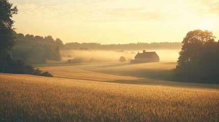 Fototapeta premium Peaceful countryside at sunrise, with mist rising over the fields and a distant farmhouse bathed in soft light