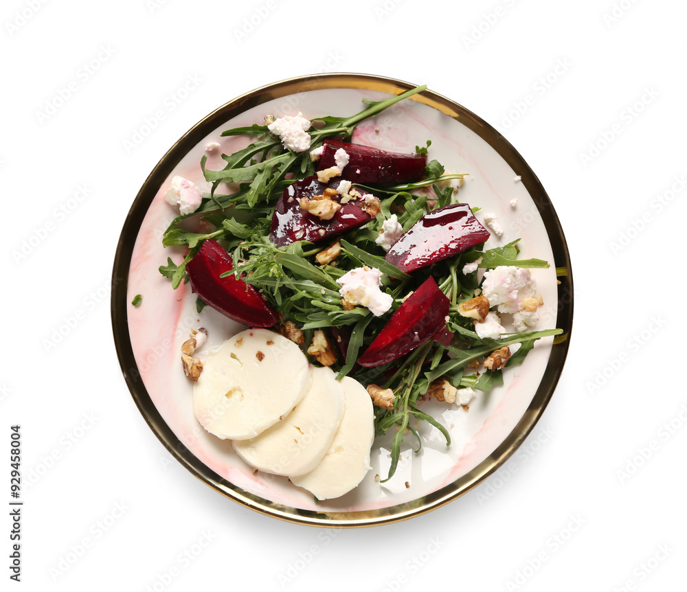 Wall mural plate of fresh salad with beet and mozzarella cheese on white background