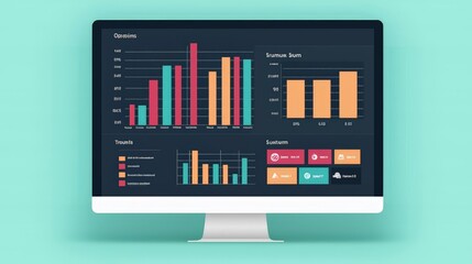 A computer monitor showcases various financial charts and graphs on a dark screen against a mint green background. The image represents data analysis, business performance, and financial management.