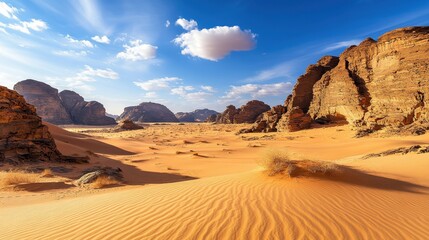 Naklejka premium A vast desert landscape with sandstone formations and a bright blue sky.