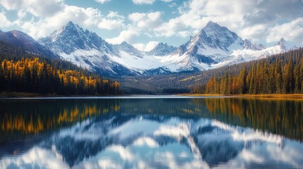 Fototapeta premium Serene mountain lake with snow-capped peaks in the background, reflecting on the calm water