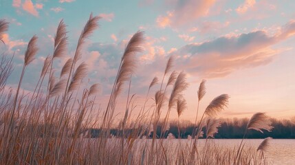 Obraz premium Serene riverbank with tall reeds swaying in the breeze, under a soft pink sunset sky
