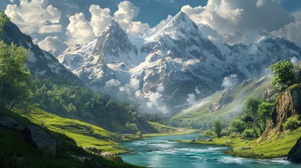 Snow-capped mountains towering over a lush green valley, with a crystal-clear river flowing through