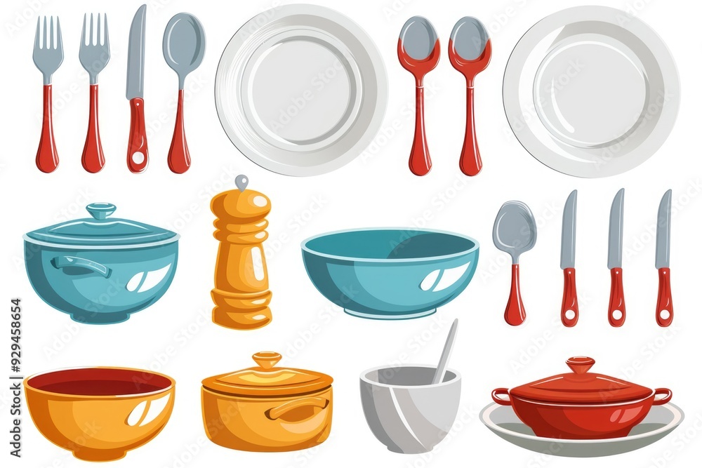 Poster a collection of kitchen utensils and plates on a table