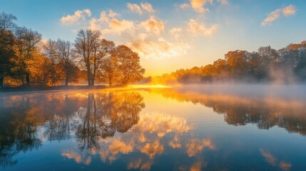 Fototapeta premium Sunrise over a tranquil lake with mist rising, surrounded by autumn trees reflecting on the water
