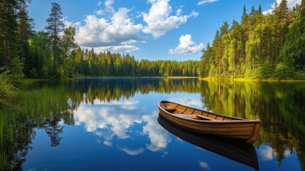Obraz premium Tranquil forest lake reflecting the surrounding trees and sky, with a small rowboat floating quietly