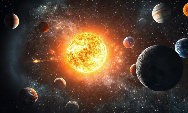 Solar system planets orbiting around the sun in space with ai generated.
