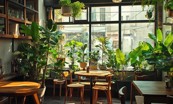 Cozy cafe interior filled with lush plants with ai generated.

