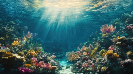 Vibrant coral reef teeming with colorful marine life, with sunlight filtering through the crystal-clear water