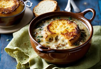 Capture the essence of a bowl of gratinated french onion soup in which floats a piece of bread with cheese in a single image for our recipe website. Show off its golden, lacy texture .