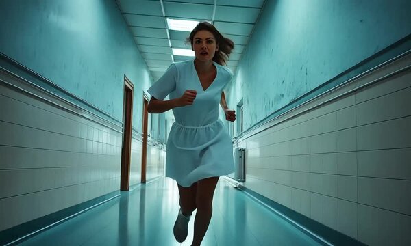 Woman running down eerie hospital corridor with ai generated.
