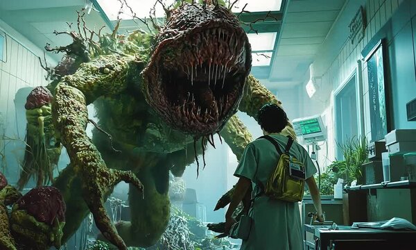 Man confronts giant mutated plant monster in lab with ai generated.
