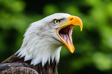 Fototapeta premium Side profile of a bald eagle in mid-screech - the sharp beak open with feathers ruffled.