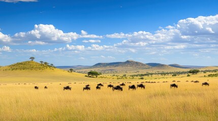 Fototapeta premium A vast savanna landscape with herds of animals grazing under a blue sky with clouds.