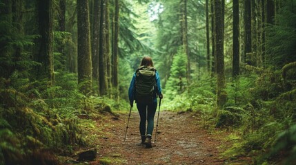 Fototapeta premium Woman enjoying a solo hike through a dense forest, surrounded by tall trees and the sounds of nature