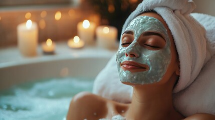 Woman enjoying a spa day at home, applying a face mask and soaking in a bubble bath with candles lit