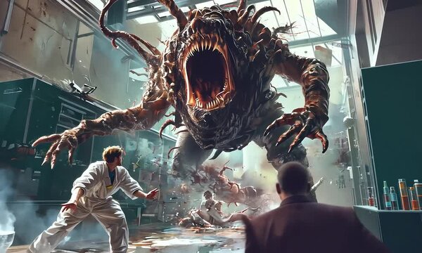 Scientist Confronts Giant Monster in Lab Attack with ai generated.

