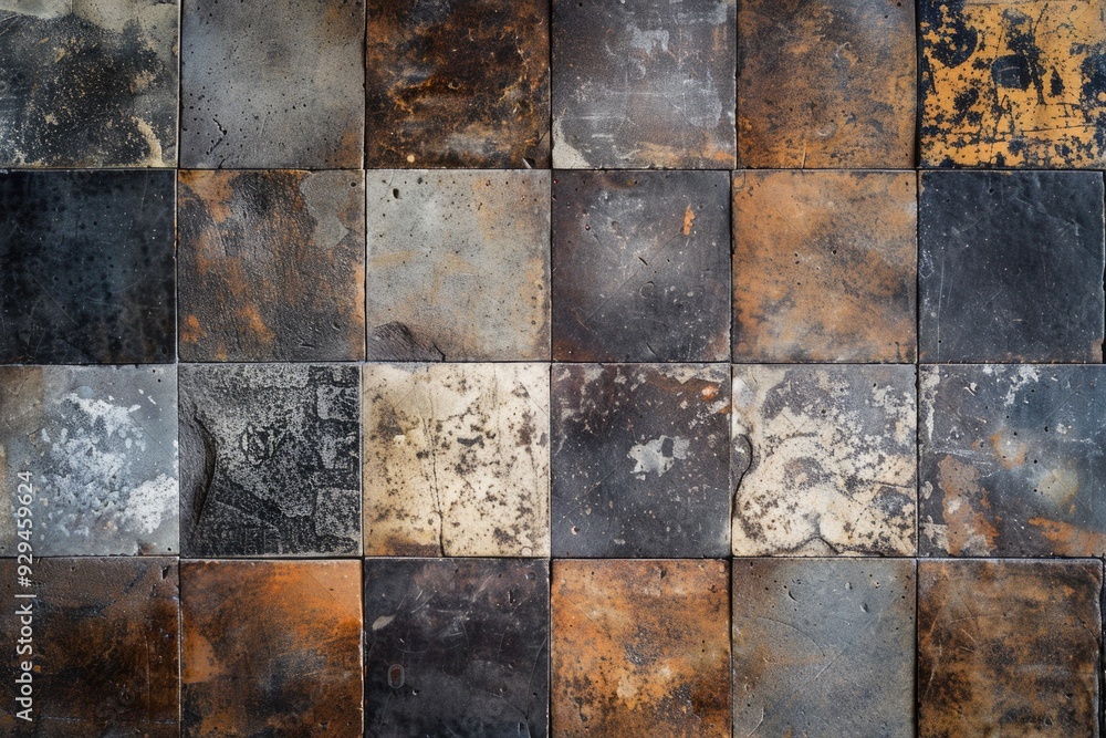 Poster a close-up shot of a rustic tile wall with visible rust stains