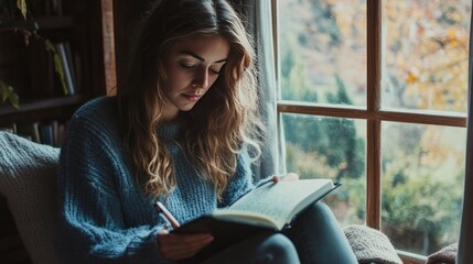 Woman journaling in a cozy nook by a window, with a cup of tea and a peaceful expression on her face