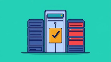 Illustration of server racks with a prominent checkmark symbol on a green background, symbolizing data security, validation, and reliable IT infrastructure.