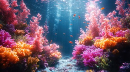 vibrant underwater paradise neonlit coral reef teeming with exotic fish otherworldly colors bioluminescent creatures swaying sea plants mysterious ocean depths