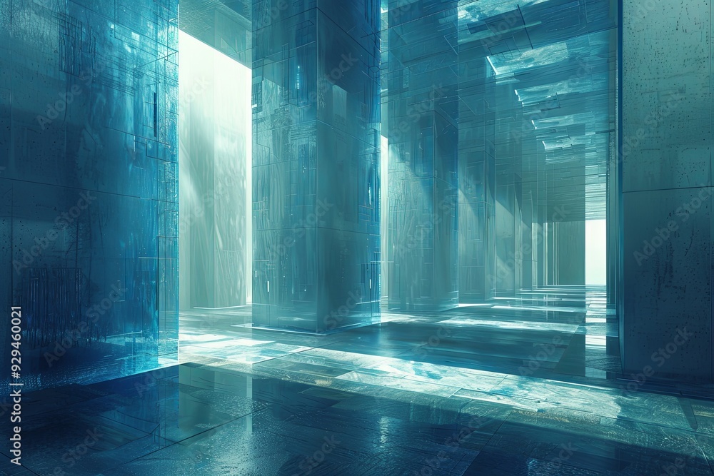 Poster a vast corridor filled with blue light and translucent structures creating an ethereal atmosphere. g