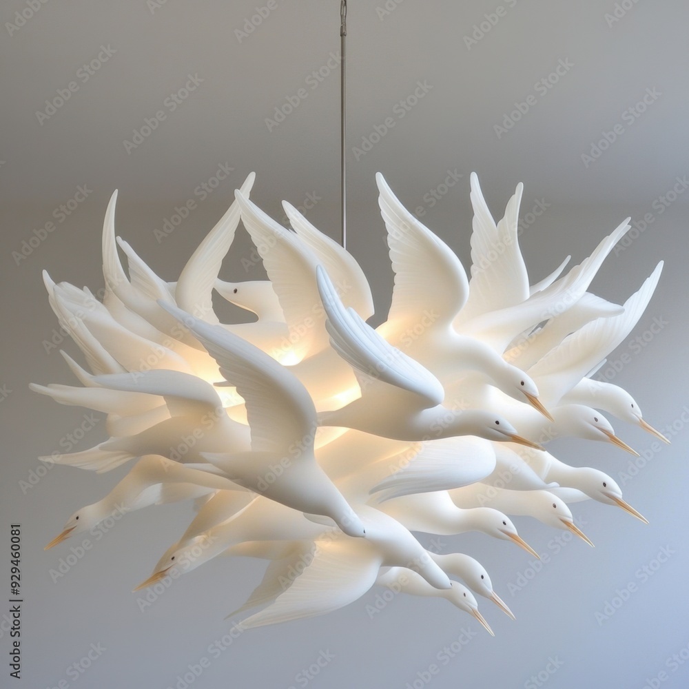 Poster A large white bird chandelier hanging from the ceiling, AI