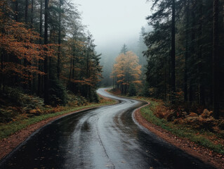 Obraz premium A road with leaves on the ground and a wet road