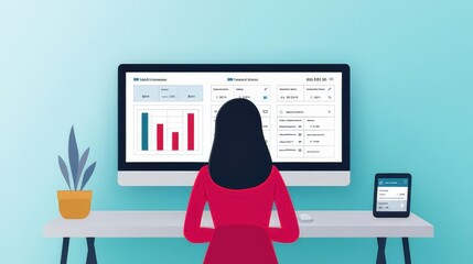 Illustration of a woman seated at a desk reviewing financial data on a desktop computer and tablet, with charts and reports displayed in a clean, minimal workspace.