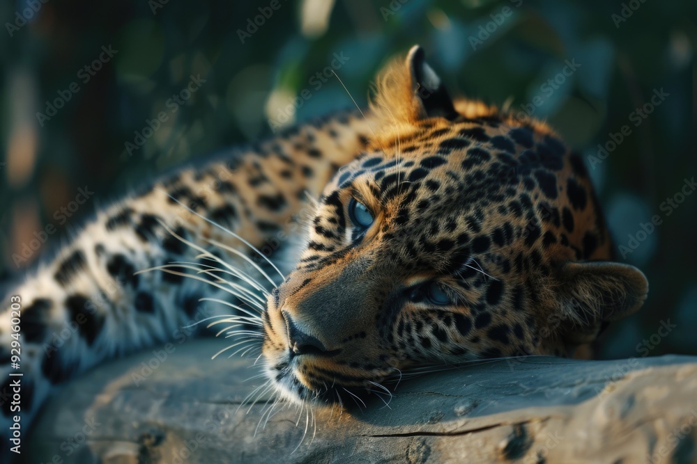 Poster a close-up shot of a leopard relaxing on a rocky outcropping