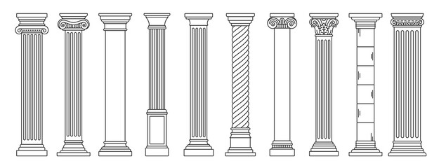 Line Greek pillars and Roman columns, ancient architecture and antique buildings, vector icons. Greece or Rome architecture column pillars of marble stone in line art with pilasters and ornate cornice