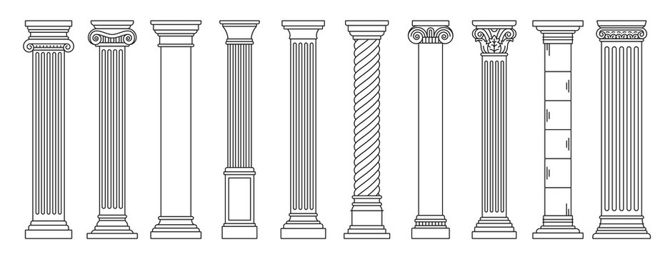Line Greek pillars and Roman columns, ancient architecture and antique buildings, vector icons. Greece or Rome architecture column pillars of marble stone in line art with pilasters and ornate cornice
