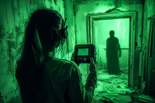 Ghost hunting woman with EMF meter, paranormal investigation, green night vision