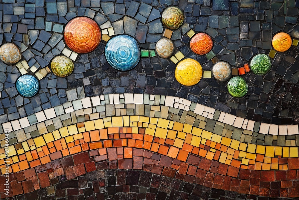 Poster a vibrant mosaic features planets in various colors set against a backdrop of flowing waves. generat