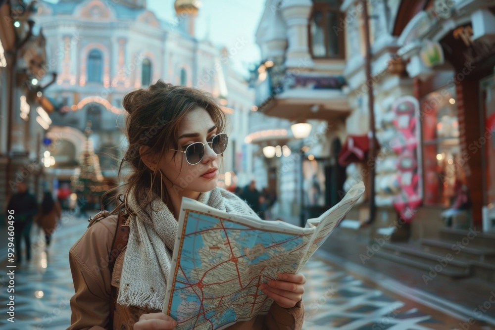 Poster a person looking at a map on the street, possibly planning a route or trying to find their way