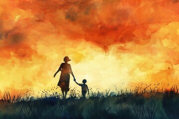 Fototapeta premium A mother and her young child strolling through a green meadow, enjoying the outdoors