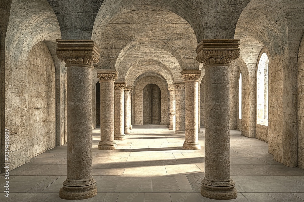 Poster sunlight filters through windows, illuminating the intricate columns of a historic corridor with sto
