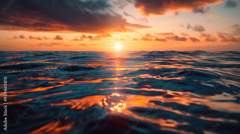 Poster a beautiful sunset scene with a calm ocean in the background, suitable for use as a wallpaper or in 