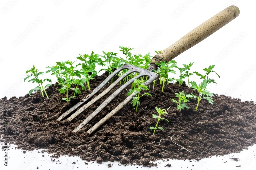 Poster A fork stuck in a pile of dirt with soil and possibly some vegetation around it