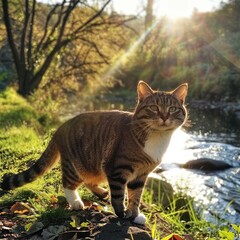 Obraz premium Cat in Sunlight by the River