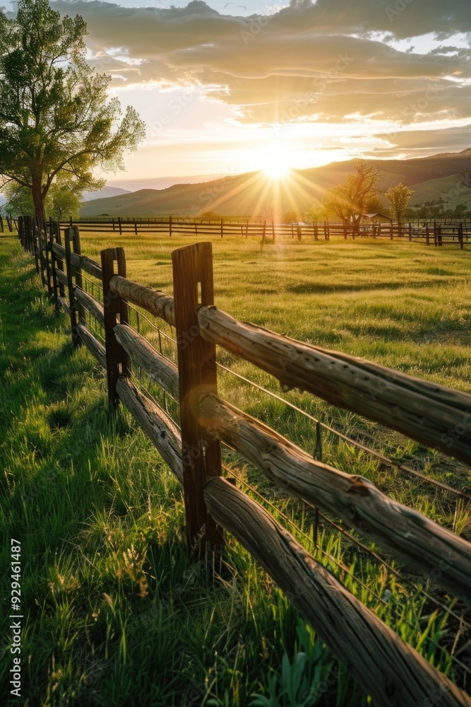 Poster A sunset scene with the sun hiding behind a fence in a field, a great image for use as a background or in travel photography