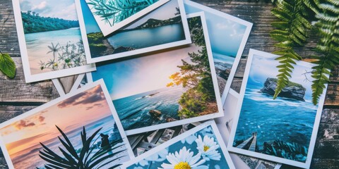 A collection of printed photographs spread out on a rustic wooden table