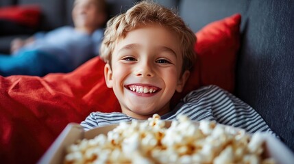 Boy enjoying a movie night with his family, snuggled on the couch with popcorn and laughter