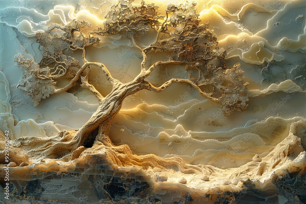 Poster a carved tree emerges from a striking stone backdrop with luminous golden elements, showcasing intri