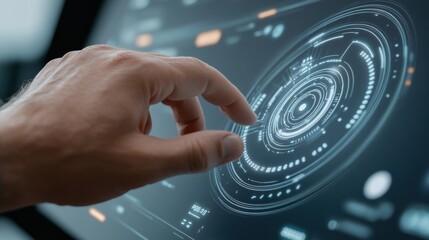 A man's hand touching a futuristic screen with an arrow pointing to the right, AI