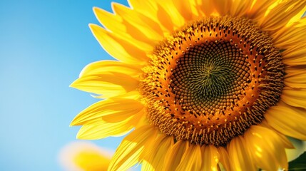 Naklejka premium A close-up of a single sunflower, with its bright yellow petals and intricate center against a clear blue sky