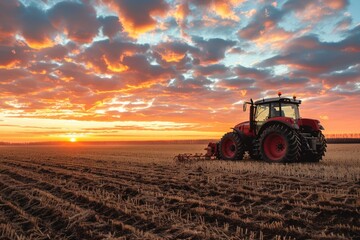 Fototapeta premium A tractor plowing a field during a beautiful sunset