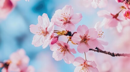 Obraz premium A close-up of cherry blossoms in full bloom, with delicate pink petals contrasting against the blue sky