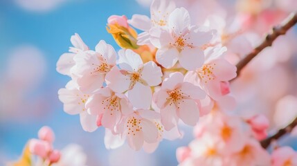 A close-up of cherry blossoms in full bloom, with delicate pink petals contrasting against the blue sky