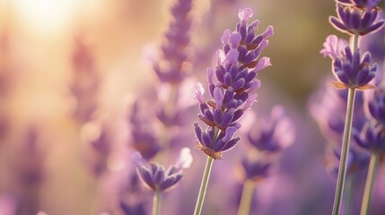 Obraz premium A close-up of lavender flowers swaying gently in the breeze, with a soft focus on the background